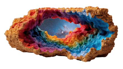 Abstract Universe Within: A conceptual artwork reveals a miniature cosmos nestled inside a textured, geological formation.