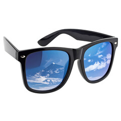 Black framed sunglasses reflecting sky, clouds, mountain