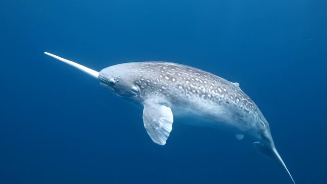 Narwhal Swimming in Deep Blue Ocean Waters Looping Animation, Gray and White Spotted Skin and Elongated Tusk Projecting from Its Head in Underwater Background