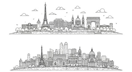 Paris City Skyline Line Art Vector Set - Eiffel Tower Landmark Illustration