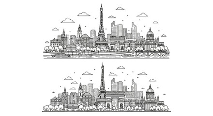 Fototapeta premium Paris City Skyline Line Art Vector Set - Eiffel Tower Landmark Illustration
