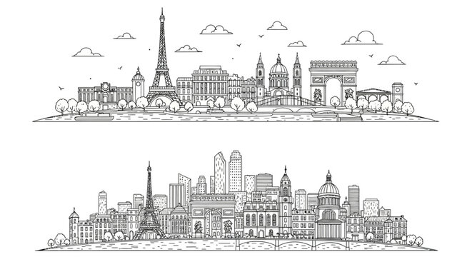 Paris City Skyline Line Art Vector Set - Eiffel Tower Landmark Illustration