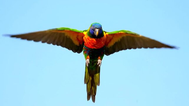 Rainbow Lorikeet Flying Against the Sky with Vivid Plumage Display and Wings Extended in Outdoor Setting of Tropical Avian Scene  Ideal for Wildlife and Conservation Themed Projects