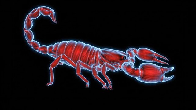 Red Scorpion Silhouette Animation with Neon Blue Glowing Outline on a Black Background Perfect for Nightlife Advertisement or Astrological Presentation about Scorpio Sign Looping