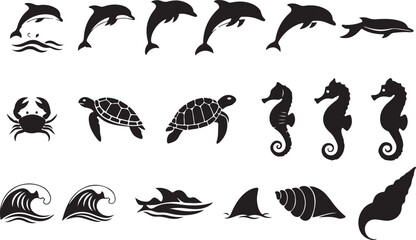 Collection of silhouette icons featuring marine life and ocean waves for design