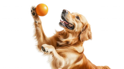 Golden retriever dog playfully reaching for an orange against a black backdrop on transparent background