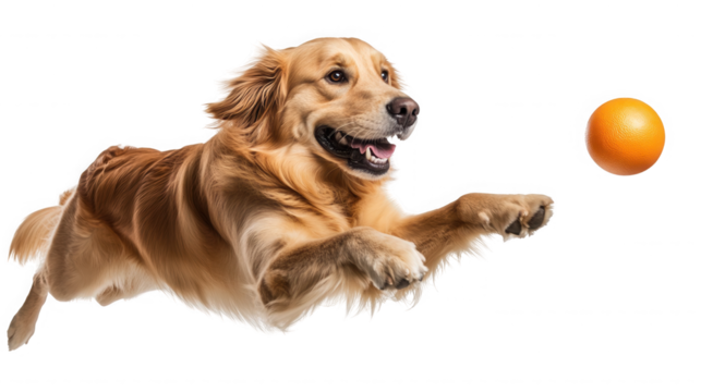 Golden retriever leaping to catch an orange ball against a shot on transparent background - Powered by Adobe