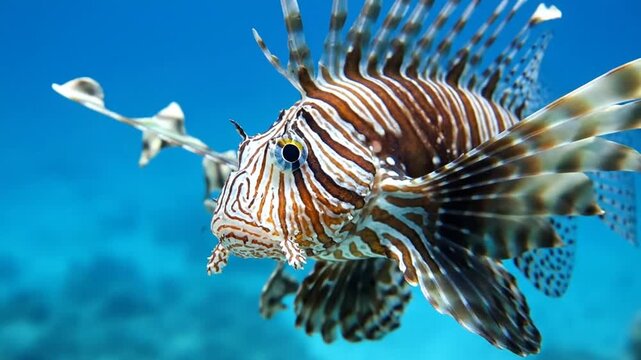 Striking Lionfish with White and Brown Stripes Swimming Gracefully in Clear Blue Water Tank Close Up  Aquatic Motion Against Sunlight Splashes Underwater Marine Life in Natural Habitat