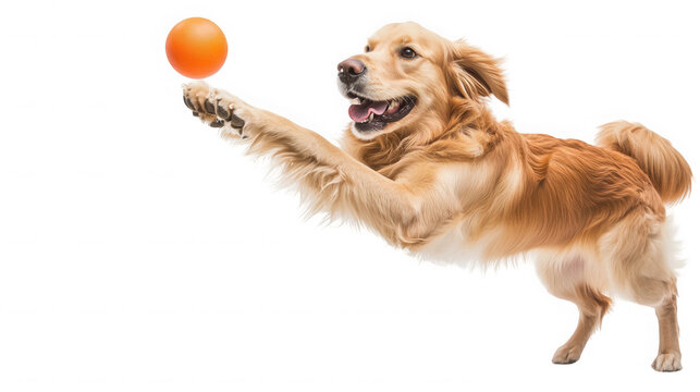 Golden retriever playfully reaching for orange ball against a on transparent background