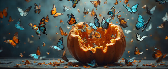 Pumpkin with colorful butterflies emerging from interior on dark background  