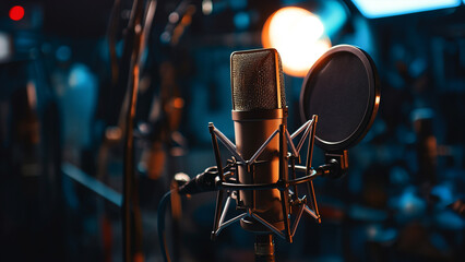 Professional studio microphone with blue lighting and blurred background