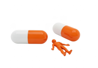Tiny person between large orange and white pills isolated on transparent background