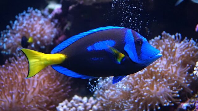 Vibrant Blue Tang Swimming Through Coral Reef Aquarium With Bubble Seamless Loop Features a Paracanthurus hepatus known as Palette Surgeonfish with Yellow Tail and Decorative Coral Background