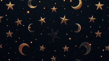 Gold Stars and Moon Celestial Pattern on Dark Background for Holiday or Night Sky Themes