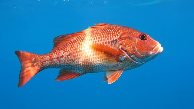 Vibrant Red Emperor Fish Swimming Freely in Clear Blue Ocean Water Habitat, Underwater Marine Life Close-Up Featuring Distinctive Red Coloration and Streamlined Body Shape