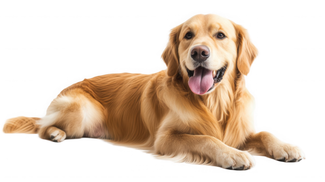 Golden retriever dog lying down with its tongue out on transparent background