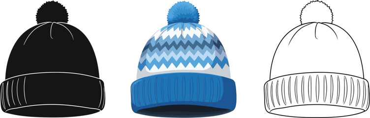 Illustration of a winter hat in different styles silhouette, color, and outline