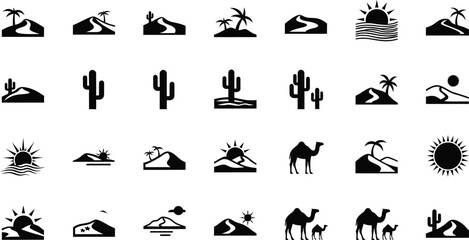 Obraz premium Collection of desert landscape icons and symbols representing arid environments and wildlife isolated on transparent background