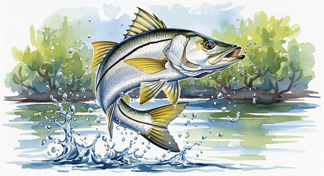 Snook fish Watercolor style digital painting for graphic design decoration, gifts or print design, animals, fish in water, river, sea, lake life