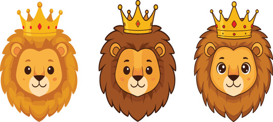 Cute cartoon lion kings with golden crowns, majestic animal illustration, adorable lion faces with royal expressions, vector art design