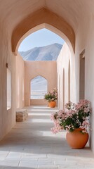 Ancient Middle Eastern Corridor With Arches Pastel Walls Terracotta Pots And Pink Flowers With Mountainous Landscape In Background