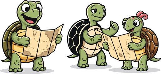 Cute cartoon turtles with map, family of turtles traveling and exploring, adorable animal adventure illustration for kids and education design