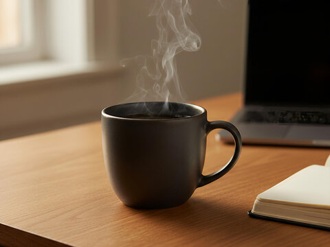 A black mug of hot, steaming coffee sits on a wooden desk in bright morning sunlight. A laptop and open notebook in the background create a cozy work-from-home or study scene.
