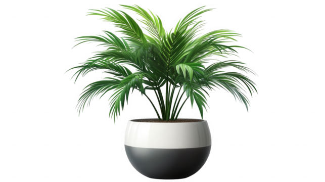 Potted areca palm plant in a modern twotone planter against a on transparent background