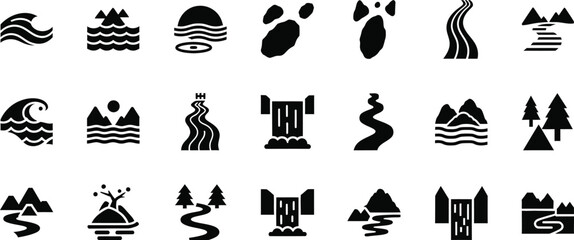 Collection of stylized black and white icons representing water features and natural landscapes isolated on transparent background