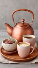 Antique Copper Kettle With Coffee And Hot Chocolate Cups On A Wooden Tray With Textured Background