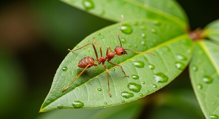 Fototapeta premium Red Ant on Dew-Kissed Leaf - A Macro View of Nature.