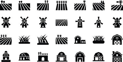 Collection of stylized black farm and agriculture icons including fields windmills and barns isolated on transparent background