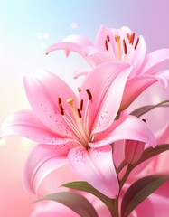 Beautiful pink lilies bloom against a soft, pastel background, showcasing delicate petals and vibrant colors.