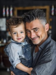 Happy Father Holding His Smiling Toddler in a Warm, Cozy Setting