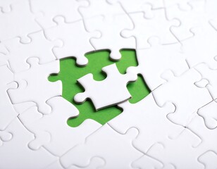 Close-up of a puzzle with a missing piece and green backdrop