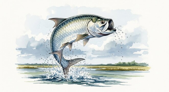 tarpon fish, Watercolor style digital painting for graphic design decoration, gifts or print design, animals, fish in water, river, sea, lake life