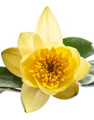 Close-up of a vibrant yellow water lily blossom against white
