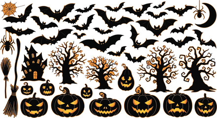 Big set of halloween silhouettes black icon and character. Design of witch, creepy and spooky elements for halloween decorations, sketch, icon, sticker.