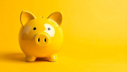 Close-up of a yellow piggy bank on a bright yellow backdrop