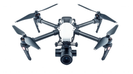 Professional drone with camera for aerial photography on transparent background