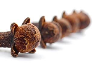 Close-up of dried, brown spice buds with textured surfaces, white backdrop