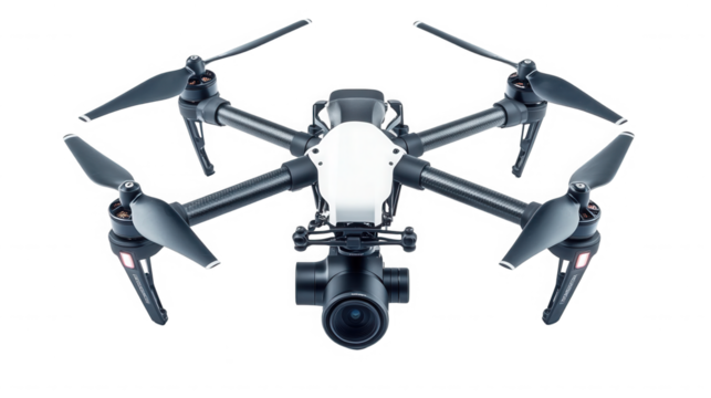 Professional drone with camera for aerial photography on transparent background