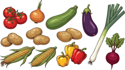 Collection of colorful hand drawn fresh delicious vegetables isolated on white background. Bundle of healthy and tasty vegan products, wholesome vegetarian food. 