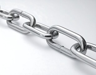 Close-up of shiny, metallic chain links on a white background