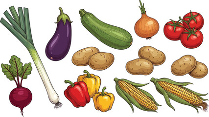 Collection of colorful hand drawn fresh delicious vegetables isolated on white background. Bundle of healthy and tasty vegan products, wholesome vegetarian food. 