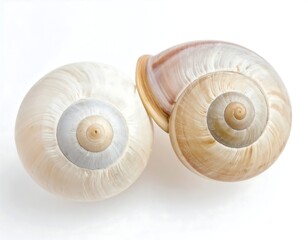 Close-up of two snail shells, showcasing their delicate spiral patterns
