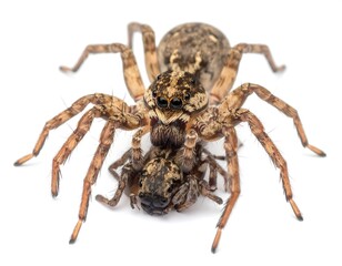 Close-up of two spiders, one atop the other, against a white background