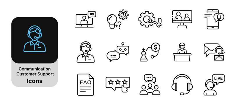 Communication and customer support line icons set including chat, headset, chatbot, FAQ, and feedback symbols
Customer service, communication, and support icons collection for business, help desk