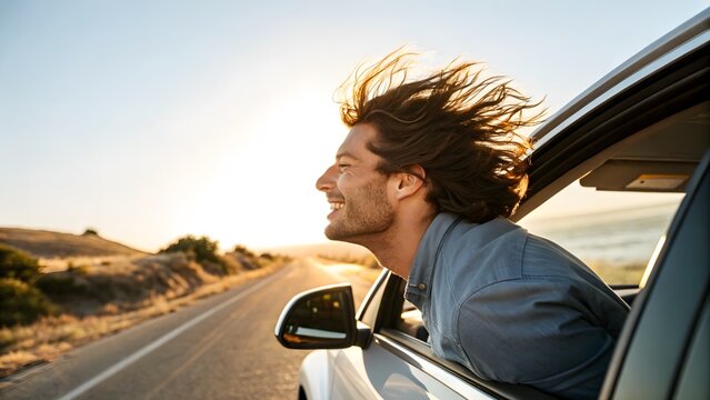 Sunlit Car Window Moment: Man Leaning Out, Hair Blowing. Man leaning out car window in sunlight, hair flowing, skin glowing from fresh air—candid and relaxed energy.