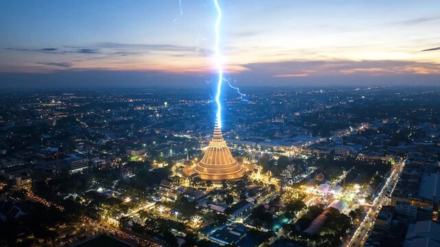 Big golden pagoda  situated in Phra Pathom Chedi, Nakhon Pathom province, Thailand, during sunset.  This property belongs to the public.